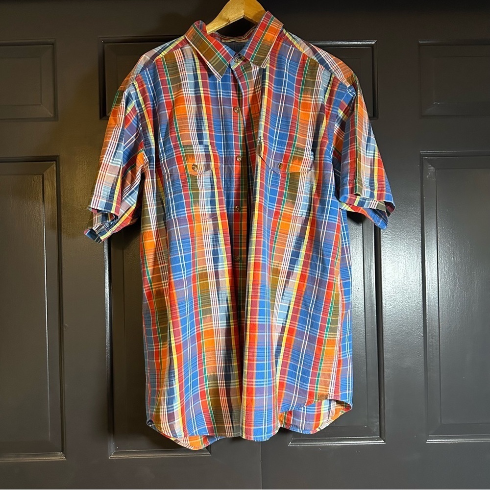 Orvis Shirt Mens XL Short Sleeve Plaid Bright Colors Orange Blue (E)5
